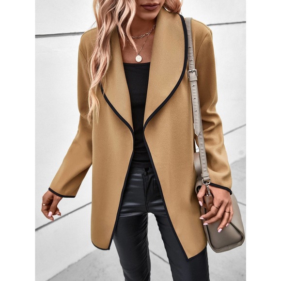 Contrast Binding Shawl Collar Open Front Overcoat pea coat tan camel - Picture 5 of 6